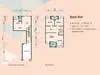 Floor plan: 2-bedroom 2-bathroom unit; features: open-plan kitchen-dining-living, master bedroom with ensuite bathroom, bedroom 2 with shared bathroom, utility room, balcony off living room, central foyer, 1 car porch, 1,200 sqft built-up.