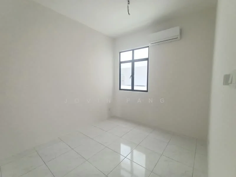 Room features: white painted walls, white ceiling, floor-to-ceiling window, wall-mounted split AC, white tiled flooring, light fixture on ceiling.