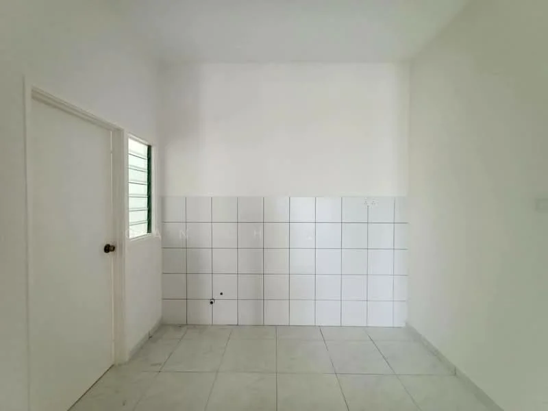 Room features: white painted walls, white tiled wall, grey floor tiles, single door, small window, no visible furniture or decor; style: minimalist.