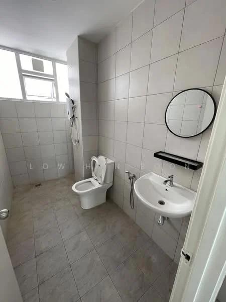 Bathroom features: white tiled walls, grey tiled flooring, one-piece toilet, wall-mounted faucet, round mirror, sink with wall-mounted basin, shower area with handheld shower, window for natural light; style: modern.