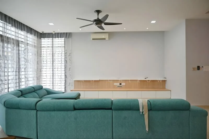 Living features: 3-seater fabric sofa in teal, ceiling fan with light, wall-mounted TV console, built-in cabinetry, light grey painted walls, large windows with sheer curtains, recessed downlights, air conditioning unit, wooden flooring; style: modern.