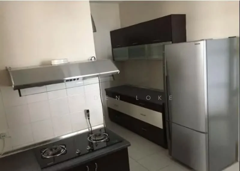 Kitchen features: stainless-steel fridge, built-in oven, 4-burner gas hob, stainless-steel range hood, black granite countertop, dark wood cabinetry, white tile backsplash, ceramic tile flooring, under-cabinet lighting, glass-front upper cabinets; style: modern.