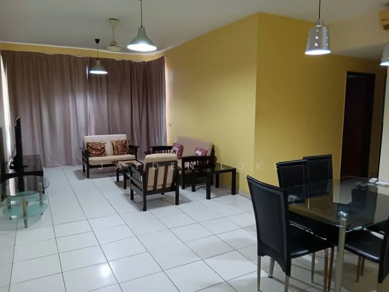 Living features: white tiled flooring, yellow painted walls, beige curtains, 2-seater fabric sofa in cream, 2-seater fabric sofa in brown, wooden coffee table, glass top coffee table, 4-seater dining table with black chairs, 2 pendant lights, wall-mounted TV, decorative cushions; style: contemporary.