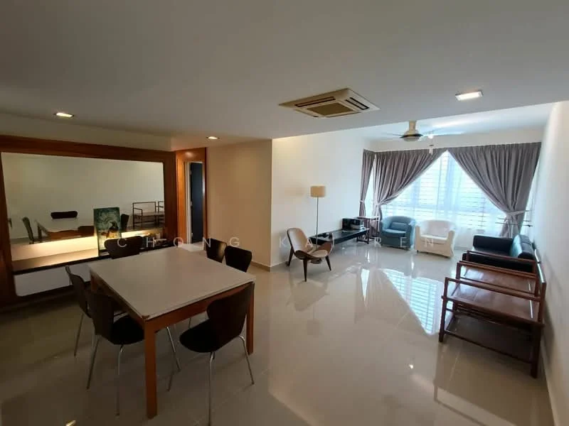 Living features: cream painted walls, glossy tile flooring, 5-blade ceiling fan with light, floor-to-ceiling windows, sheer curtains, sofa in black, armchair in white, wooden coffee table, wooden side chairs, dining table with 4 chairs, decorative mirror, wall-mounted light fixture; style: modern; view: city.