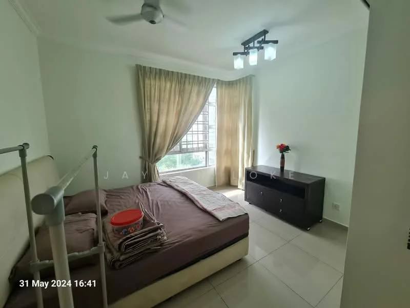 Bedroom features: queen-size bed, upholstered headboard, bedding with throw pillows, 2 bedside lamps, wooden dresser, floor-to-ceiling window, sheer curtains, ceiling fan with light, light-colored walls, tile flooring, decorative vase with flowers; style: modern; view: garden.