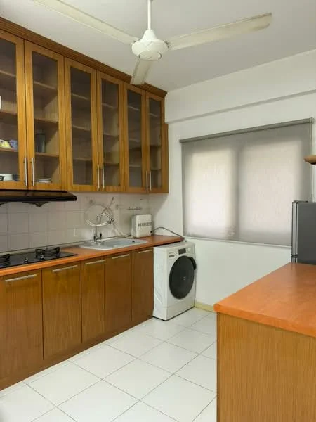 Kitchen features: wood cabinetry, glass-front upper cabinets, white tiled backsplash, black gas hob, exhaust hood, single-bowl stainless-steel sink, chrome pull-down faucet, white washing machine, window with roller blinds, ceiling fan, white tiled flooring, wood countertop; style: modern.