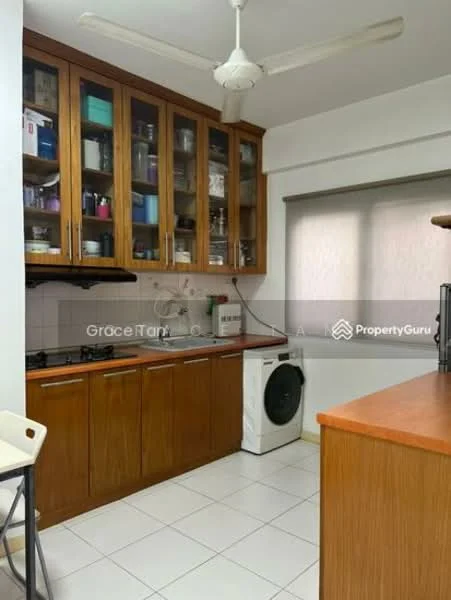 Kitchen features: wood cabinetry with glass-front upper cabinets, stainless-steel sink, 4-burner gas hob, built-in oven, white washing machine, white tiled flooring, white walls, ceiling fan, window with sheer curtains, countertop with wood finish, open shelving, decorative items in cabinets; style: modern.