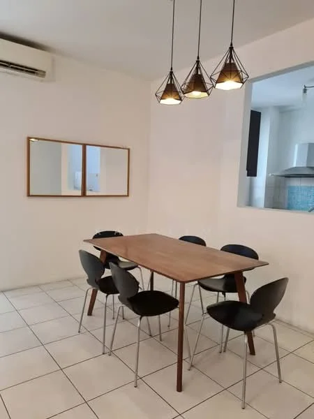 Dining features: rectangular wooden dining table, 6 black dining chairs, white tiled flooring, white painted walls, mirror on wall, 3 pendant lights with geometric design, wall-mounted split AC; style: modern.