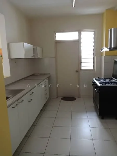 Kitchen features: white cabinetry, grey countertop, stainless-steel gas range, stainless-steel range hood, single-bowl stainless-steel sink, tile flooring, window with horizontal slats, door leading outside, wall-mounted cabinets, cream painted walls; style: modern.