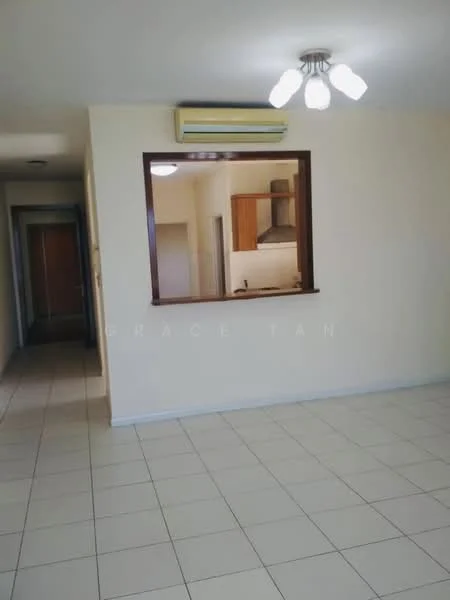 Living features: white painted walls, tile flooring, 5-blade ceiling fan with light, wall-mounted split AC, window with view to kitchen, open layout to hallway, neutral color scheme, recessed lighting; style: modern. Room features: white painted walls, tile flooring, doorway leading to hallway.