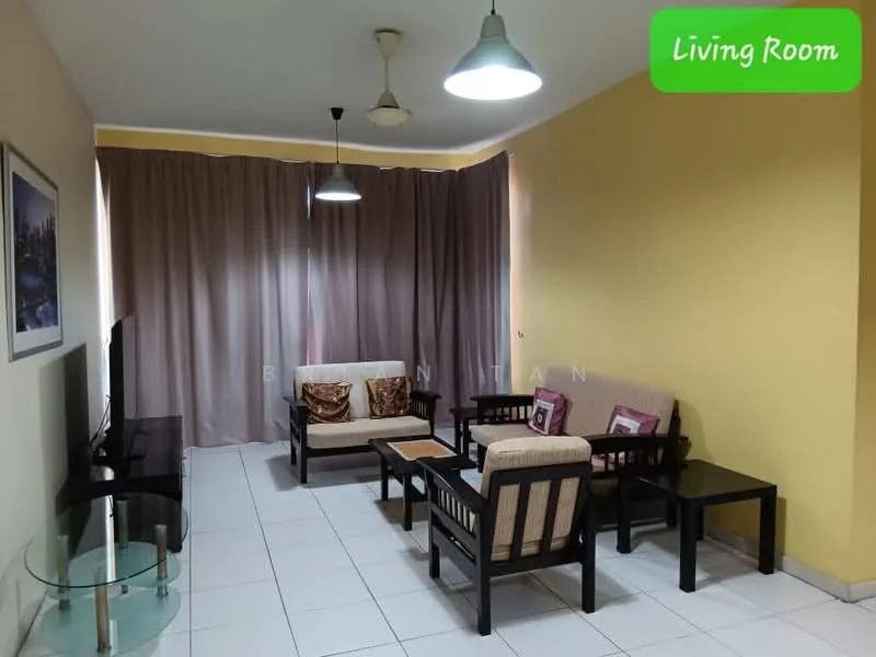 Living features: light yellow painted walls, white tiled flooring, 2-seater fabric sofa in beige, 3-seater wooden sofa, wooden coffee table, glass side table, 2 accent chairs with cushions, floor-to-ceiling curtains in grey, 2 pendant lights, wall-mounted TV; style: modern.