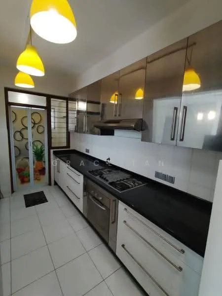 Kitchen features: stainless-steel gas range, stainless-steel range hood, single-bowl stainless-steel sink, chrome pull-down faucet, black granite countertop, white cabinetry with flat-panel doors, ceramic tile flooring, white tiled backsplash, pendant lighting with yellow shades, sliding glass door, decorative wall with circular pattern; style: modern.