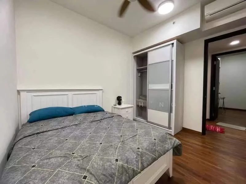 Bedroom features: queen-size bed with grey bedding, white wooden bed frame, wooden flooring, light grey painted walls, ceiling fan, built-in wardrobe with sliding doors, decorative wall light, window with sheer curtains; style: modern. Room features: doorway leading to another room, light switch, carpet mat at entrance.