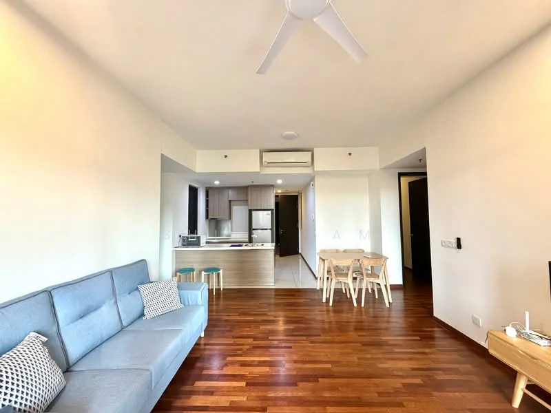 Living features: 3-seater fabric sofa in light grey, wooden flooring, ceiling fan, wall-mounted TV, coffee table, decorative cushions, area rug, dining table with chairs in background; style: modern. Kitchen features: open-plan kitchen, stainless-steel fridge, built-in oven, freestanding range oven, kitchen cabinetry, countertop, sink, tile flooring; style: modern.