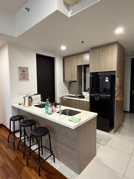 Kitchen features: white quartz countertop, wood cabinetry, black refrigerator, built-in oven, stainless-steel sink, chrome pull-down faucet, 3-bar stools, tile flooring, wall-mounted cabinets, open shelving, kitchen island, decorative wall art; style: modern.