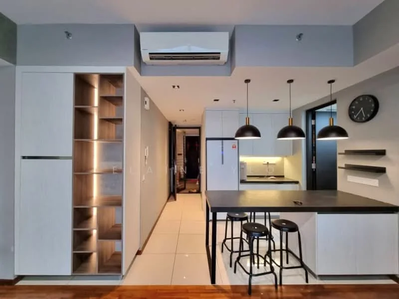 Kitchen features: white cabinetry with integrated lighting, black countertop, stainless-steel sink, chrome pull-down faucet, built-in oven, induction hob, refrigerator, pendant lighting, bar stools, wall-mounted air conditioning unit, wall clock, tile flooring, open shelving, backlit cabinetry; style: modern.