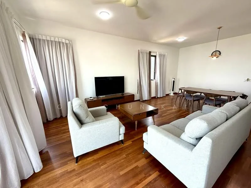 Living features: light grey fabric 3-seater sofa, light grey fabric 2-seater sofa, wooden coffee table, wall-mounted flat-screen TV, wooden dining table for 6, 4 dining chairs, light wood flooring, white painted walls, ceiling fan, curtains, recessed ceiling lights; style: modern.