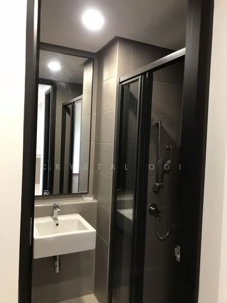 Bathroom features: wall-mounted sink, chrome basin mixer faucet, glass shower enclosure, rain shower head, handheld shower, grey tiled walls, light grey tiled flooring, backlit mirror, recessed ceiling lights, black framed shower door; style: modern.