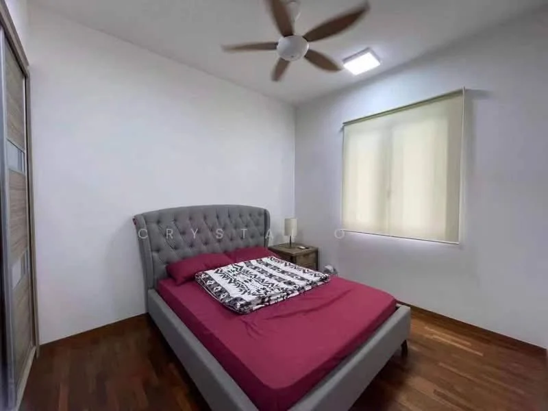 Bedroom features: king-size bed with upholstered headboard in grey, red bedspread, decorative black and white throw pillow, wooden flooring, white painted walls, ceiling fan with light, window with sheer curtains, built-in wardrobe with sliding doors; style: modern.
