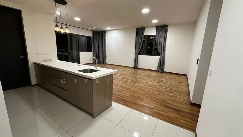 Kitchen features: single-bowl stainless-steel sink, chrome pull-down faucet, white cabinetry, kitchen island with countertop, pendant lighting, tile flooring, open layout to living area; style: modern. Living features: wood laminate flooring, floor-to-ceiling windows, grey curtains, recessed downlights, white painted walls; style: modern.