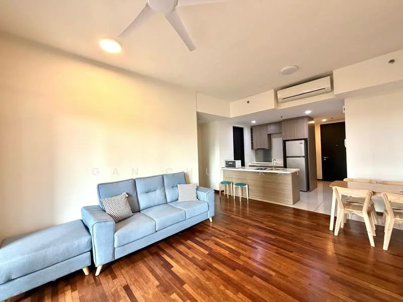 Living features: 3-seater fabric sofa in light blue, wooden coffee table, dining table with 4 chairs, wooden flooring, ceiling fan, wall-mounted air conditioning unit, floor-to-ceiling windows, neutral painted walls; style: modern. Kitchen features: kitchen island with bar stools, stainless-steel fridge, built-in oven, freestanding range oven, microwave, wood cabinetry, white countertop, tile backsplash; style: modern.