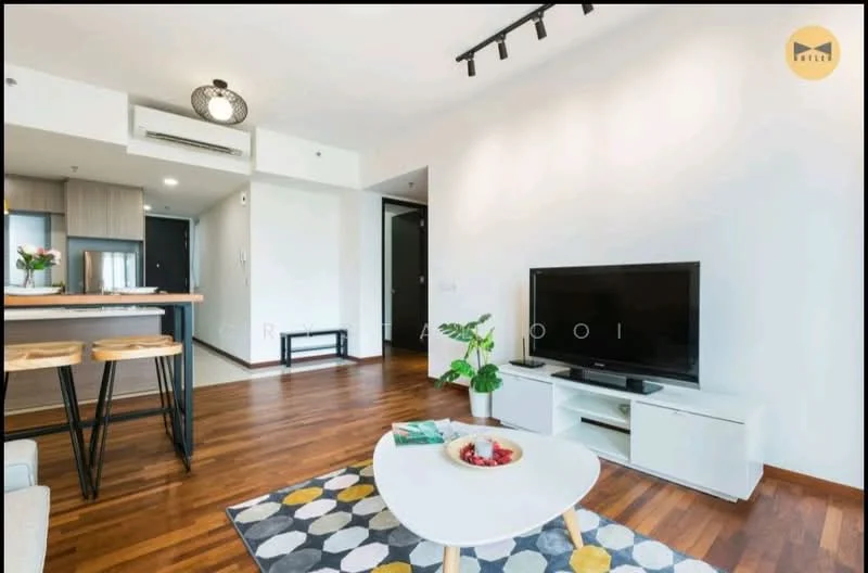 Living features: wood flooring, white painted walls, recessed downlights, wall-mounted TV, TV console in white, coffee table with round top, area rug with geometric pattern, sofa with light upholstery, open shelving, potted plant; style: modern. Kitchen features: bar counter with stools, open layout, kitchen cabinetry, stainless-steel appliances; style: modern.