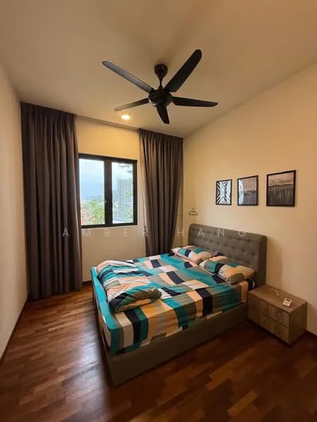 Bedroom features: king-size bed with patterned bedding, upholstered headboard, wooden bedside table, 3 framed artworks on wall, floor-to-ceiling window, grey curtains, 5-blade ceiling fan with light, wooden flooring, decorative wall light; style: modern; view: garden.