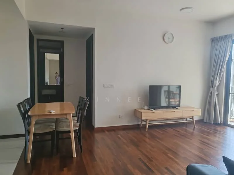Living features: wood flooring, floor-to-ceiling windows, light grey curtains, wall-mounted TV, wooden TV console, round wall clock, dining table with four chairs, open layout, neutral wall color; style: modern; view: city.