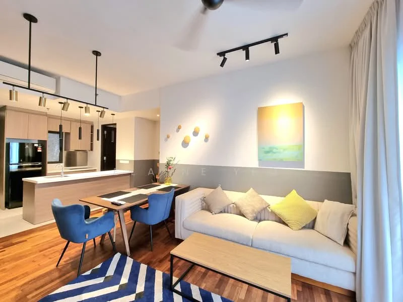 Living features: 3-seater fabric sofa in cream, yellow decorative pillows, wooden coffee table, area rug with geometric pattern, 2 upholstered dining chairs in blue, dining table, wall-mounted artwork, recessed downlights, ceiling fan, wooden flooring, open-plan layout with kitchen, floor-to-ceiling windows with sheer curtains; style: modern. Kitchen features: kitchen island with bar seating, stainless-steel fridge, built-in oven, ceramic tile backsplash, flat-panel cabinetry in light wood, recessed lighting, countertop with overhang; style: modern.