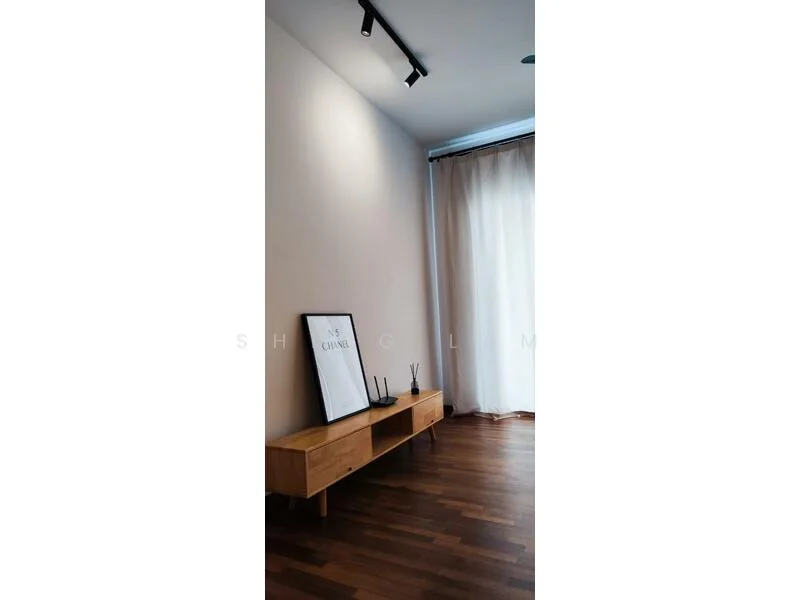 Room features: light wood console table, framed artwork on console, decorative vases on console, wooden flooring, sheer curtains, recessed lighting, white painted walls; style: minimalist.