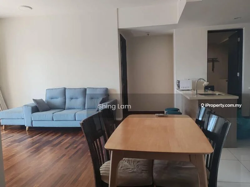 Living features: 3-seater fabric sofa in light blue, wooden dining table, 4 dining chairs, dark hardwood flooring, recessed ceiling lights, floor-to-ceiling windows, neutral painted walls; style: modern. Room features: open layout, kitchen area visible in background.
