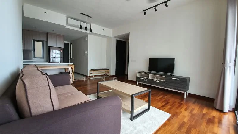 Living features: 3-seater fabric sofa in brown, coffee table with wooden top and black frame, TV console in dark wood, wall-mounted TV, area rug, wooden flooring, recessed downlights, floor-to-ceiling windows with sheer curtains; style: modern. Dining features: dining table with wooden top and metal legs, 4 dining chairs, open layout to kitchen, wooden flooring; style: modern.
