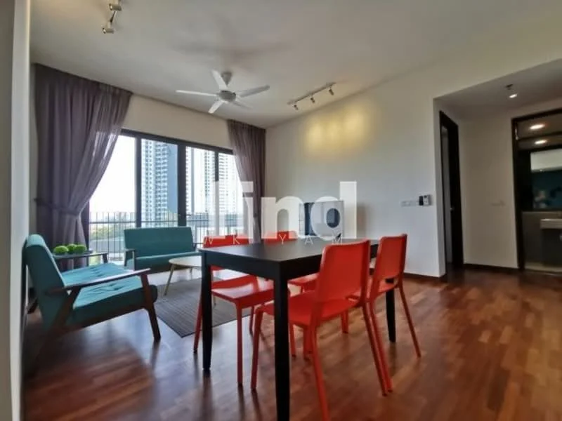 Living features: 5-blade ceiling fan with light, floor-to-ceiling windows, grey curtains, wooden flooring, 2-seater fabric sofa in teal, 3-seater dining table in black, 4 colorful dining chairs in red and orange, area rug, decorative wall art; style: modern; view: city.
