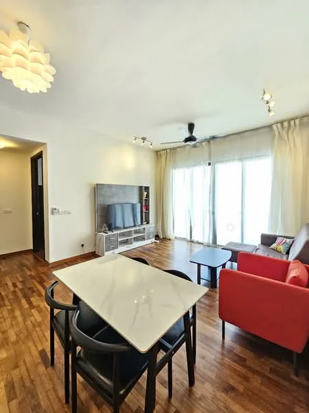 Living features: wooden flooring, white painted walls, 5-blade ceiling fan with light, sofa in red, coffee table with marble top, TV console, wall-mounted TV, floor-to-ceiling windows with sheer curtains, decorative cushions on sofa, area rug, track lighting; style: modern; view: city.