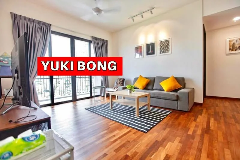 Living features: wooden flooring, 3-seater fabric sofa in grey, 2 orange accent pillows, coffee table with white top, area rug with black and white stripes, floor-to-ceiling windows, sliding glass door, sheer curtains, ceiling fan with light, wall-mounted TV, decorative wall art; style: modern; view: city.