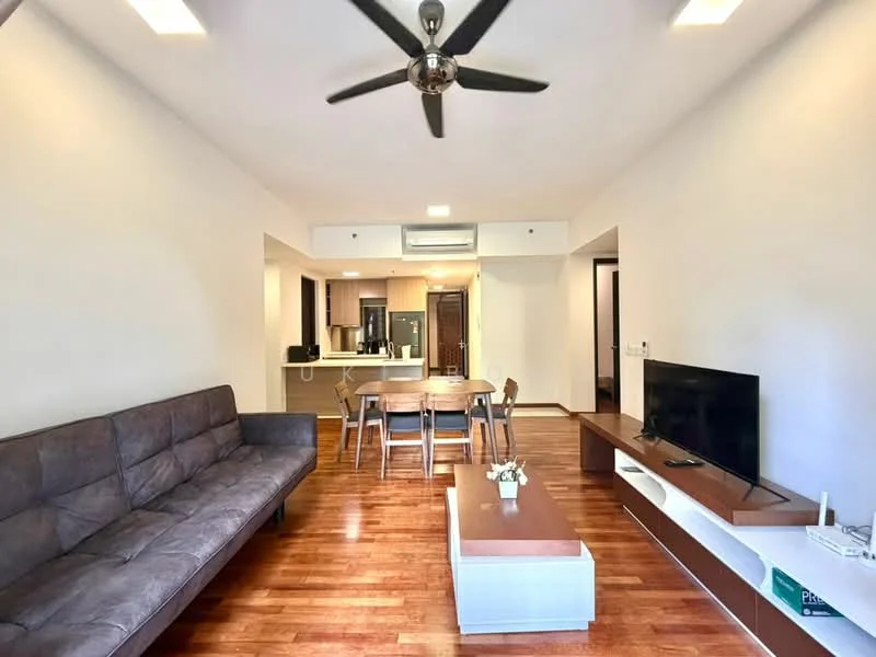 Living features: 3-seater fabric sofa in brown, wooden coffee table, wall-mounted TV, TV console, dining table with 4 chairs, ceiling fan, recessed downlights, wooden flooring, neutral painted walls, open layout to kitchen, air conditioning unit; style: modern. Kitchen features: kitchen island, stainless-steel fridge, built-in oven, freestanding range oven, microwave, cabinetry, countertop, backlit cabinetry; style: modern.