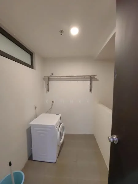 Laundry features: white front-load washing machine, grey tiled flooring, white painted walls, ceiling light, metal wall-mounted drying rack, window with frosted glass, bucket, wall-mounted shelf; style: modern.