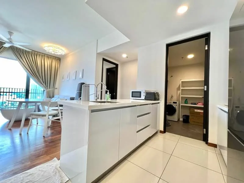 Kitchen features: white cabinetry, marble countertop, stainless-steel sink, chrome pull-down faucet, built-in microwave, freestanding washing machine, ceramic tile flooring, recessed downlights, open shelving, wall-mounted split AC; style: modern; view: city. Living features: floor-to-ceiling windows, sliding glass door, dining table with chairs, sofa, area rug, ceiling fan; style: modern; view: city. Laundry features: built-in shelving, storage boxes.