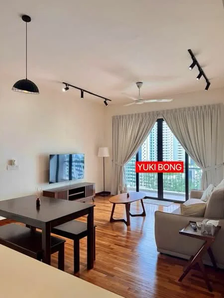 Living features: wooden flooring, white painted walls, 5-blade ceiling fan with light, track lighting, sofa in light color, coffee table, TV console, wall-mounted TV, floor-to-ceiling windows with sheer curtains, curtains, decorative lamp, area rug; style: modern; view: city.