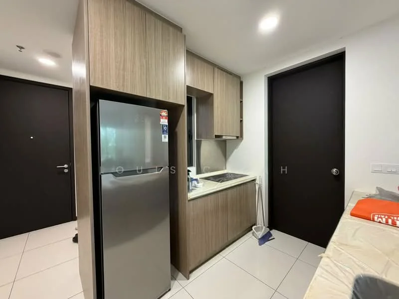 Kitchen features: stainless-steel fridge, wood cabinetry, white countertop, single-bowl stainless-steel sink, chrome pull-down faucet, ceramic tile flooring, recessed downlights, wall-mounted cabinets, black door, white walls; style: modern.