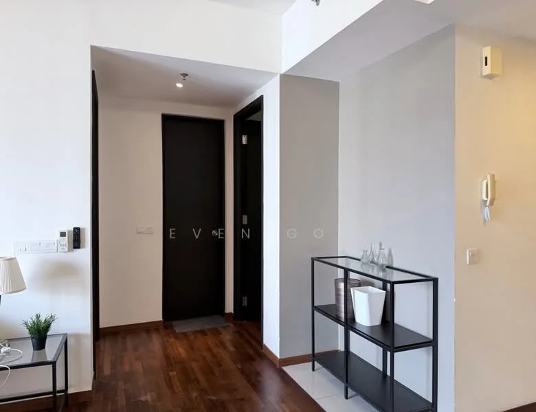 Room features: dark wooden flooring, white painted walls, black door, glass console table, decorative vases on console table, light switch, intercom, wall-mounted phone, recessed ceiling lights; style: modern.