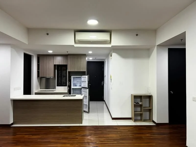 Kitchen features: kitchen island with countertop, stainless-steel sink, chrome pull-down faucet, built-in oven, refrigerator, wood cabinetry, white walls, recessed downlights, tile flooring, air conditioning unit, open shelving, wooden flooring; style: modern. Living features: wooden flooring, white walls, recessed downlights, air conditioning unit, open layout, door to hallway, door to bathroom; style: modern.
