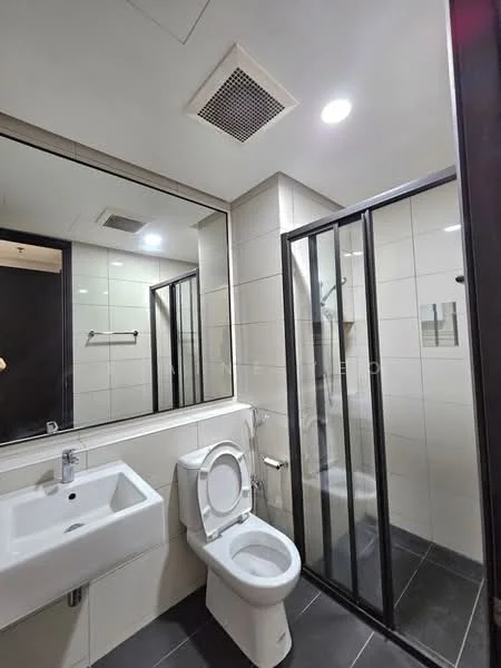 Bathroom features: white ceramic toilet, single-sink vanity with wall-mounted mirror, chrome basin mixer faucet, glass shower enclosure, rain shower head, tile cladding on walls, black tile flooring, recessed downlights, exhaust fan; style: modern.