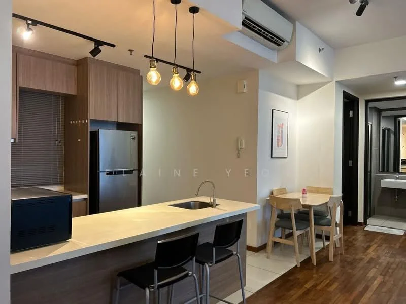 Kitchen features: single-bowl stainless-steel sink, chrome pull-down faucet, white quartz countertop, wood cabinetry, stainless-steel fridge, built-in oven, 4-burner gas hob, pendant lighting with three bulbs, open shelving, bar seating with three black stools, tile flooring, wall-mounted split AC; style: modern. Dining features: small round dining table, two wooden chairs; style: modern.