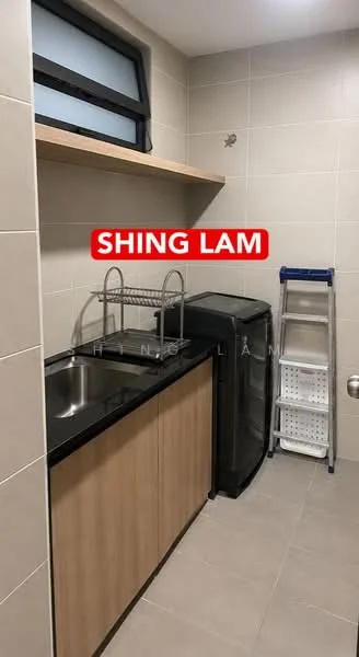 Laundry features: single-bowl stainless-steel sink, black fridge, wood cabinetry, open shelving, grey tiled flooring, wall-mounted window, metal ladder, white plastic storage basket; style: modern.