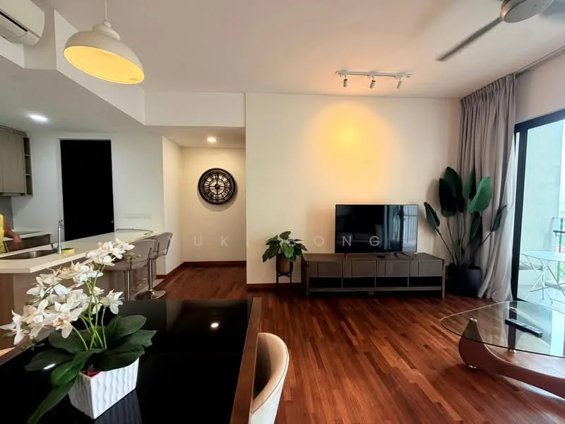 Living features: wood flooring, recessed downlights, floor-to-ceiling windows, sliding glass door, TV console, wall-mounted TV, coffee table, sofa, decorative plants, wall clock, open layout to kitchen, area rug; style: modern; view: garden.