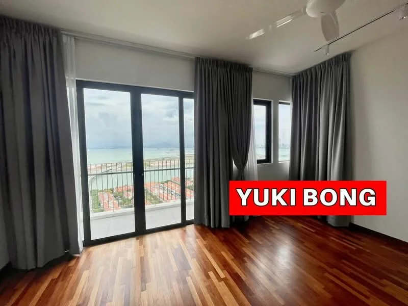 Room features: floor-to-ceiling windows, grey curtains, wooden flooring, ceiling fan, city view; style: modern; view: city.