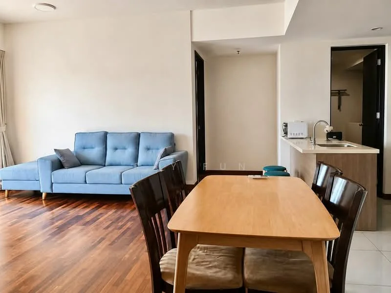Living features: blue fabric sofa, wooden coffee table, wooden dining table, 4 wooden dining chairs, laminate flooring, floor-to-ceiling windows, curtains, recessed downlights; style: modern. Kitchen features: kitchen countertop, built-in microwave, sink, kitchen cabinetry, stainless-steel appliances; style: modern.