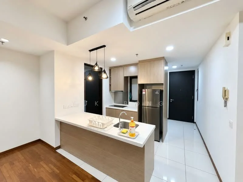 Kitchen features: white quartz countertop, single-bowl stainless-steel sink, chrome pull-down faucet, wood cabinetry with light finish, built-in refrigerator, freestanding range oven, pendant lighting, recessed downlights, white tiled backsplash, open shelving, ceramic tile flooring, air conditioning unit; style: modern.