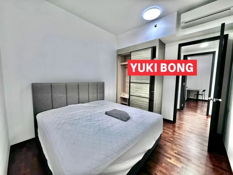 Bedroom features: queen-size bed, upholstered headboard, wooden flooring, white painted walls, recessed ceiling light, wall-mounted split AC, built-in wardrobe, study desk, chair; style: modern.